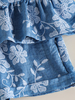 Ensemble de Vêtements pour Fille Été 2026 : Chemise sans Manches à Volants en Jean Bleu à Motifs Floraux + Short – Ensemble Doux 2 Pièces