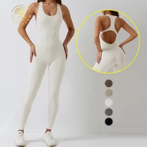 Zomer Een Stuk Sportkleding Gebreide Mouwloze Atletische Yoga Fitness Sexy Workout Aangepaste Gym Jumpsuit Voor Dames Full Length