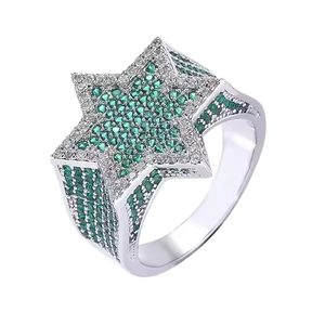새로운 힙합 에메랄드 로듐 도금 황동 CZ 마이크로 파베 별 반지 (남성용, 오각별 디자인) - Product Image 1