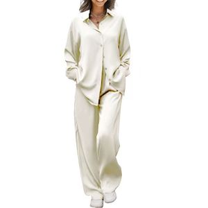 Nouvel ensemble de pyjama décontracté d'été de luxe pour femme, respirant, deux pièces, col en V, avec design à jambes larges et manches longues - Product Image 3