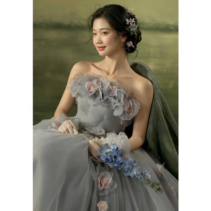 Strapless Tulle Ball Gown Wedding Dress Empire Waistline Floral Print For Travel Photography - Product Image 3