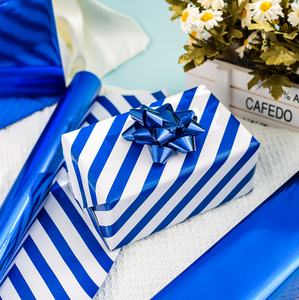 Reversible Royal <b>Blue</b> Wrapping <b>Paper</b> <b>Roll</b> - 17 In X 32.8 Ft(46.5 sq.ft.) Metallic <b>Blue</b> and Stripe Design Gift Wrap - Product Image 2