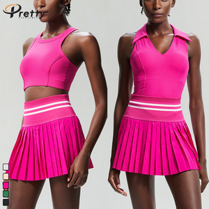 Conjunto de 2 Uds de Fitness para mujer, faldas plisadas de cintura alta, polos cortos debajo acanalados <span class=keywords><strong>con</strong></span> almohadilla en el pecho, sujetador insular, chaleco deportivo - Product Image 2