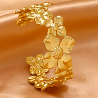 ZH Bracelet jonc ouvert réglable en acier inoxydable, plaqué or 18 carats, avec serti géométrique exagéré et motif fleur et feuille massif