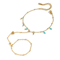 Pulsera de Dedo de Turquesa Chapada en Oro de 18K, Acero Inoxidable Hipoalergénico, Diseño de Corazón, Resistente al Agua