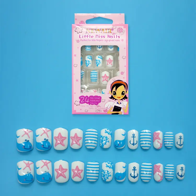 Uñas postizas con imagen de dibujos animados para niñas pequeñas, caja de embalaje, cobertura completa