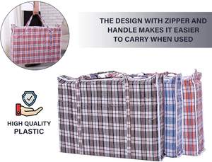 Tas Penyimpanan Anyaman Plastik Besar Bermotif Kotak-kotak dengan Pegangan Resleting, Tas Pindahan Lipat untuk Pakaian, Sprei, Bantal - Product Image 2