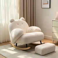 Fauteuil à bascule moderne en laine d'agneau avec oreilles d'ours, repose-pieds ottoman, coussin ultra moelleux, bois naturel silencieux