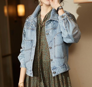 Tops <span class=keywords><strong>en</strong></span> <span class=keywords><strong>jean</strong></span> élégants pour femmes, nouvelle <span class=keywords><strong>veste</strong></span> <span class=keywords><strong>en</strong></span> <span class=keywords><strong>jean</strong></span> à revers ornée de paillettes - Product Image 3