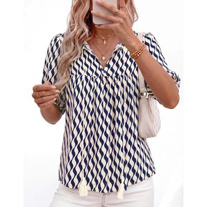 Chemisier d'été bohème pour femme, en mousseline respirante, à nouer devant, col en V, imprimé, coupe ample, manches courtes, style paysanne, tenue de vacances - Product Image 3