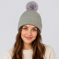 Bonnet tricoté côtelé épais avec pompon en fausse fourrure, chaud pour l'hiver, unisexe, couleur unie, revers pliable, idéal pour les voyages