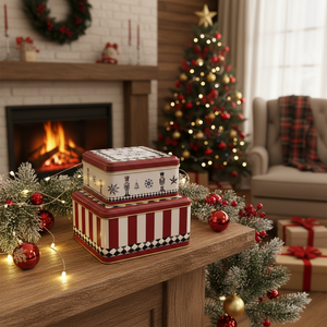 Square Metal Canister Set – 195x195x105 mm & 159x159x80 mm (Set of 2) <b>Nutcracker</b>, striped pattern, checkered border 2025 Design - Product Image 3