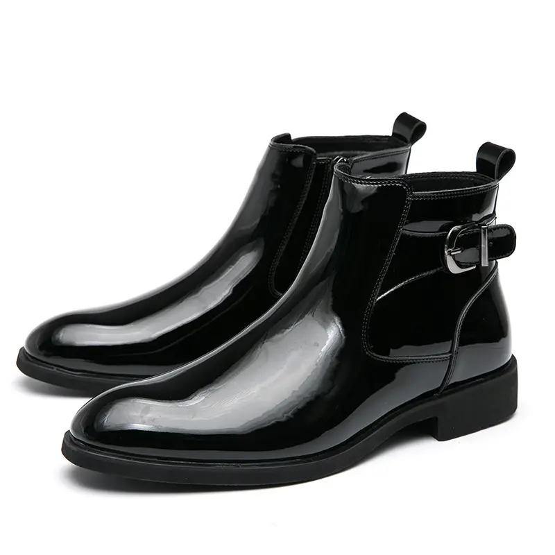 Wholesale short black shiny boots black leather shoes hign quality boots for men