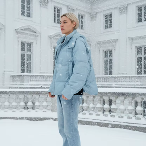 جاكيت نسائي مبطن بالريش مع خطوط، معطف شتوي بغطاء رأس، فتحة جانبية مع حافة منحنية مرنة، جاكيت منفوخ - Product Image 1