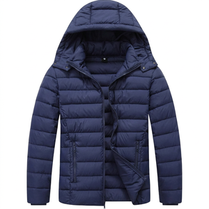 Navy Blue Woven Knitted Hooded <b>Puffer</b> <b>Jacket</b> Windproof Zip up Winter Coat Lightweight Quilted Outerwear for Daily Wear - Product Image 1