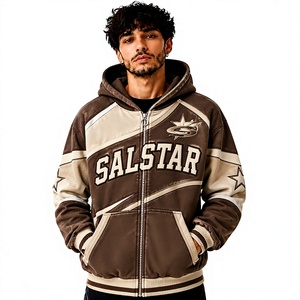 Sweat-shirt à capuche vintage marron pour homme, veste zippée, streetwear premium avec empiècements contrastés, logo personnalisé - Product Image 1