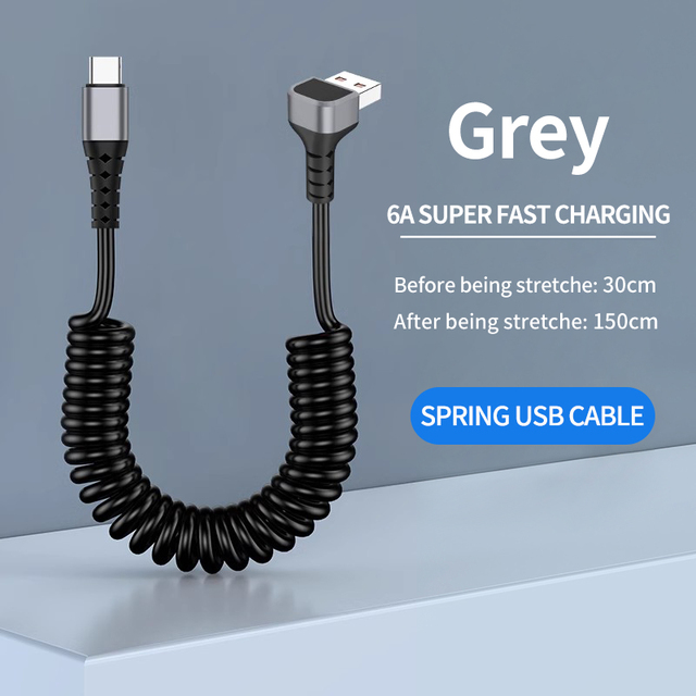 Factory Wholesale 1.5m Right Angle Coiled USB-C 5A Fast Charging Retractable Data Cable for Car Use iPhone for for