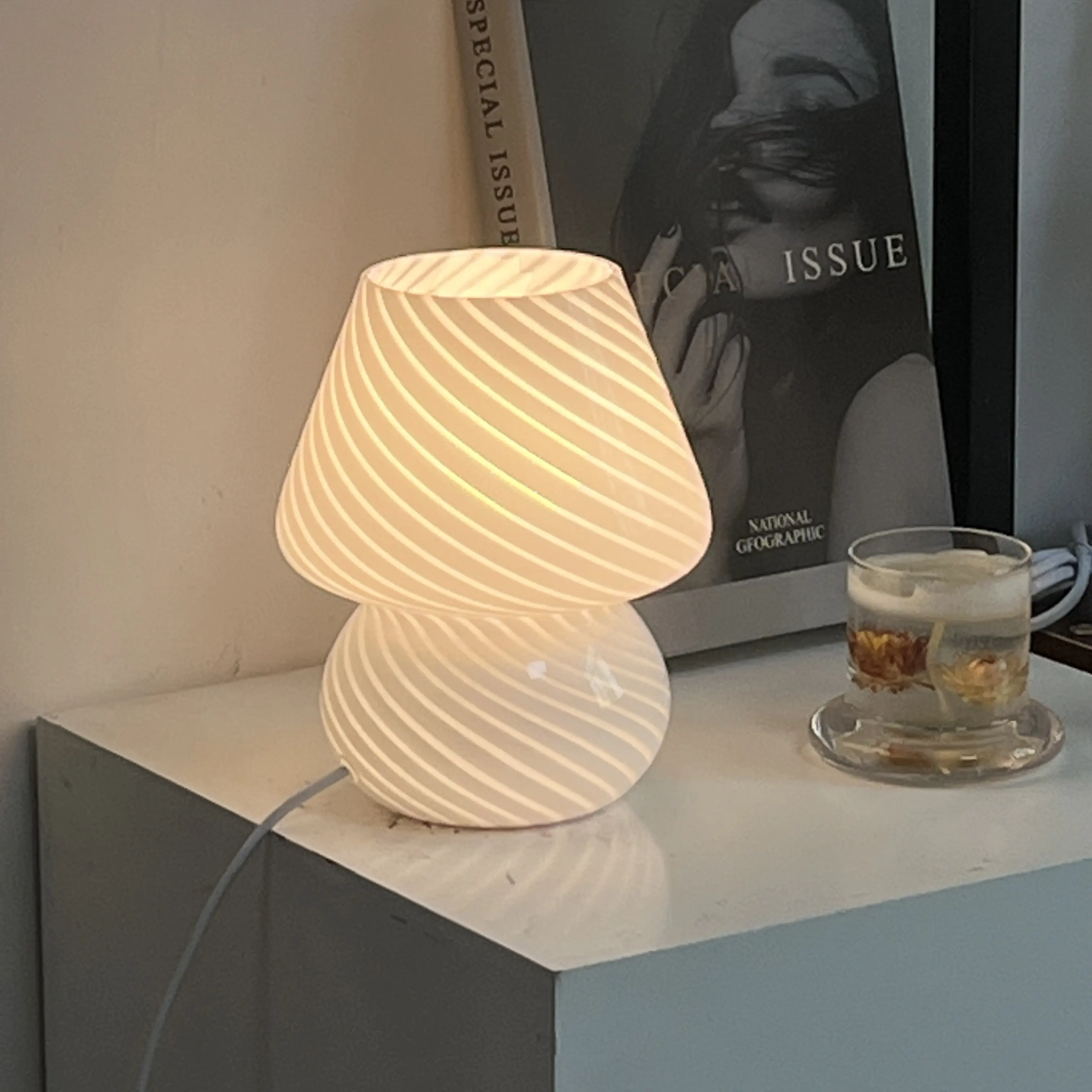 Kinscoter Glass Striped Desk Lamps Usb Bedside Living Room Bedroom Decor Table Mushroom Lamp