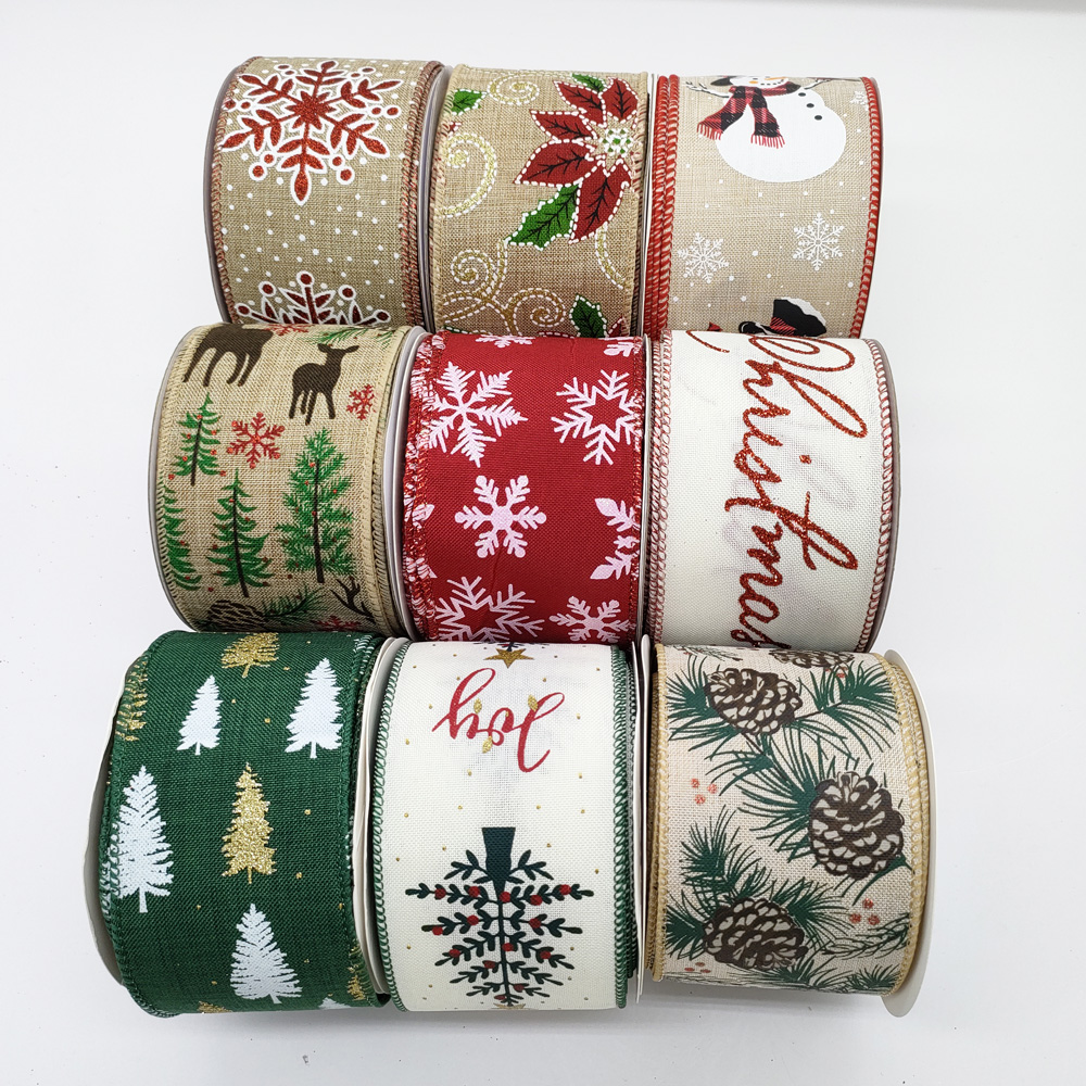 Factory Direct Christmas Burlap Wired Ribbon Custom Logo Luxury Printed Farmhouse Ribbon for Wreath Making Tree Topper