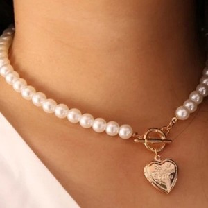 Collar con Colgante de Corazón de Perla, Aleación de Zinc, Diseño Geométrico de Varias Capas, Joyería de Moda, Regalo para Mujer, Estilo Elegante y Sencillo, Instagram - Product Image 2