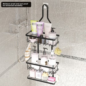Estante de Almacenamiento Metálico para Baño, Impermeable, de Pared, sin Taladro, de Múltiples Niveles con Ganchos, Cesta para Artículos de Baño - Product Image 3