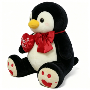 Customized Valentine's Day Penguin Plush Toy, Black & White <b>Sitting</b> Stuffed Animal with Red Bow Tie & "Hug <b>Me</b>" Heart Pillow - Product Image 5