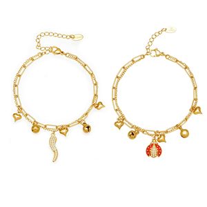 Regalo significativo per lei: <span class=keywords><strong>bracciale</strong></span> a doppio strato <span class=keywords><strong>con</strong></span> ciondoli a forma di peperoncino portafortuna e <span class=keywords><strong>campanella</strong></span>, regolabile in acciaio inossidabile - Product Image 1