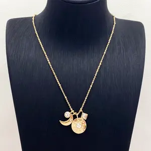 Fashion simple jewelry sexy Woman collarbone chain gold plated beads geometric Moon glass diamond pendant necklace