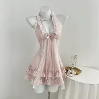 Robe de soirée rose à pois pour femme, col en V, taille nouée, coupe ajustée, sans manches, style doux, ODM