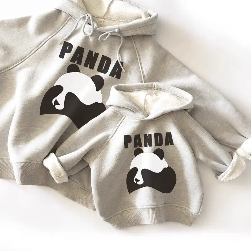 Cartoon Panda Familie Hoodie Top Factory Direct Custom Design Mama En Me Trui Katoen Gewatteerde Kleding Sets