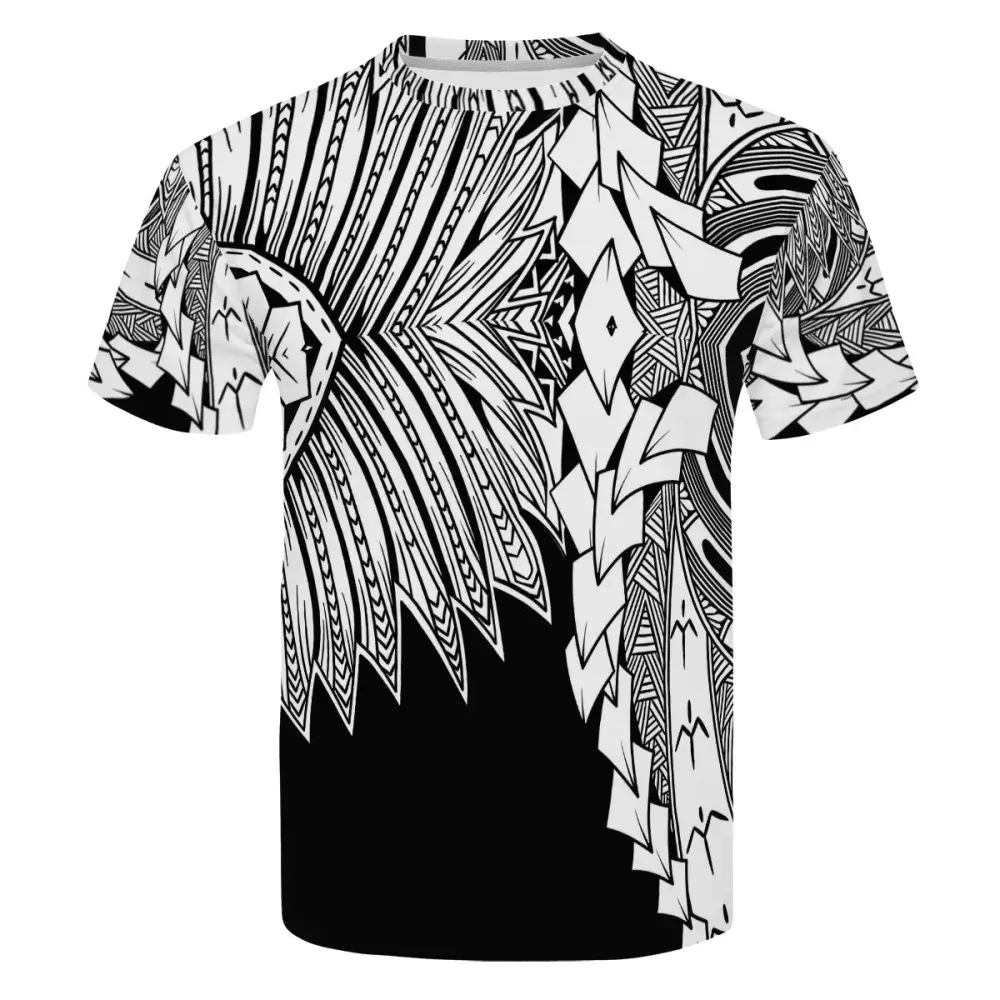 Kaus Merek Cetak Murah Grosir Kaus Desain Tribal Polynesia Print Klasik Kustom Kaus Hitam dan Putih Pria Musim Panas