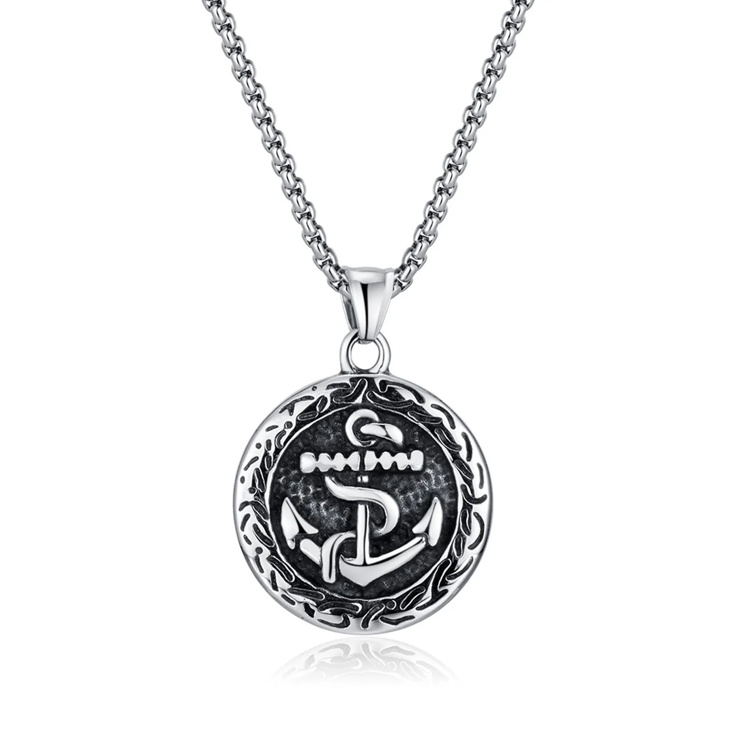 SSN140 Mens Stainless Steel Nautical Anchor Round Pendant Necklace Vintage Navy Symbol Necklace for Boys