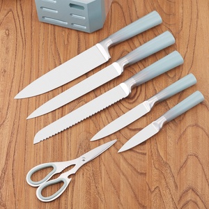 Nouvel ensemble de couteaux de cuisine en acier inoxydable 6 pièces, manche creux, ciseaux de chef Santoku, support en acrylique inclus - Product Image 2
