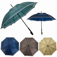 Parapluie de voyage classique avec logo personnalisé, protection UV, cadre en fibre de verre, poignée en bois, ouverture automatique, double auvent, coupe-vent, golf