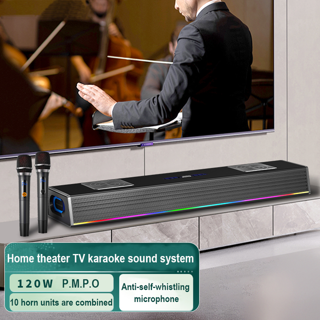 2.1CH for Soundbar with Built-in Subwoofer & Wireless Microphone 8 Speakers 30Wx2 Output Power for Home Theater Karaoke