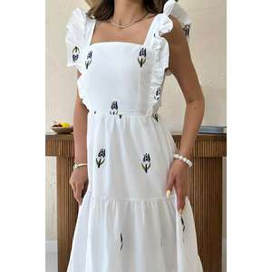 Robe trapèze sans manches bleu marine à volants et dos nu, taille naturelle, en tissu respirant, pour usage quotidien décontracté, vente en gros - Product Image 3