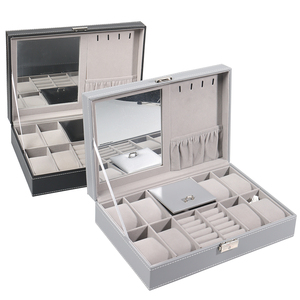 <span class=keywords><strong>Caja</strong></span> de Almacenamiento de Joyas Rectangular Multifuncional de Cuero PU Gris Negro, a Prueba de Polvo, <span class=keywords><strong>para</strong></span> <span class=keywords><strong>Relojes</strong></span>, Collares y Anillos, con Forro de Gamuza y Espejo - Product Image 1