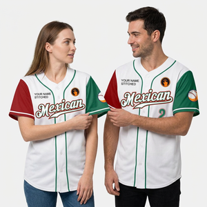 Maillot de baseball personnalisé Mexique unisexe col en V manches courtes blanc vert rouge avec impression nom et numéro de l'équipe respirant anti-humidité - Product Image 6