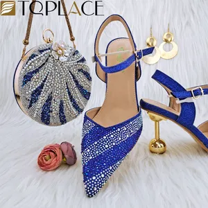 Ensemble de chaussures et de sacs de couleur bleue de haute qualité pour femmes, chaussures de mariage nigériennes à talons hauts et sac assorti pour mariage, prix de gros