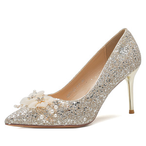 Escarpins de mariée à paillettes, bout pointu, talon aiguille de 5 à 8 cm, décoration florale, chaussures de mariage - Product Image 5