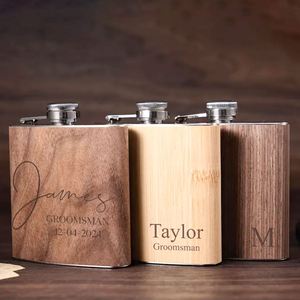 Botella de whisky, vodka o sake vintage de 6 oz, portátil, cuadrada, con diseño deportivo, de acero inoxidable, con acabado de madera y cuero, ideal para regalo. - Product Image 1