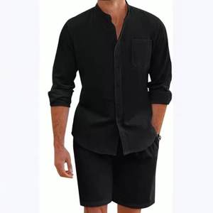 ชุดลำลองชาย 2 ชิ้น ผ้าฝ้ายลินิน เสื้อเชิ้ตติดกระดุม แขนยาว กางเกงขาสั้น เสื้อคลุม สไตล์เรียบง่าย แฟชั่นชายหาด - Product Image 6
