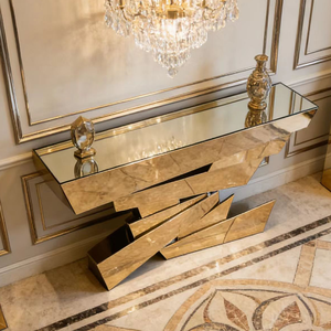 Table <span class=keywords><strong>console</strong></span> en pierre créative de haute qualité avec miroir, cadre en acier inoxydable doré, plateau en marbre, meuble d'entrée, salon - Product Image 4