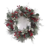 Karangan Bunga Natal Artflora Factory Buah Berry Merah dan Buah Pinus 36cm Model DY1-7969 untuk Dekorasi Pintu Depan, Plastik, Buatan Tangan, Grosir