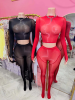 Ensemble 2 pièces sexy pour boîte de nuit : haut court uni très extensible et leggings brillants à manches longues, coupe ajustée et respirante pour femme