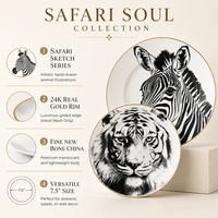 Lot de 4 assiettes en porcelaine artistiques à motifs animaux dessinés à la main, bord doré, en New Bone China, 7,5 pouces, pour desserts, cadeau de luxe pour la maison, OEM ODM