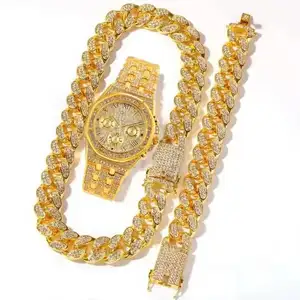 Vendita calda Hip Hop oro rosa 20mm collana a maglie cubane a catena bracciale a maglie cubane ghiacciato orologi al quarzo Set di gioielli DMW001