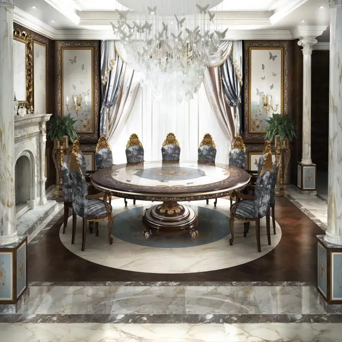 Klassisches Luxus-Esszimmer neue Tisch möbel Massivholz geschnitzt lackiert Muster Top Blattgold Esszimmer große runde Tischs ets