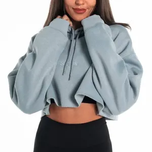 Custom Plain Workout Crop Top Sweatshirt Oversized Embroidered Raw Hem Cropped Hoodie Woman
