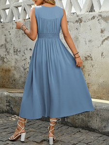 Verano elegante Casual vestido largo belleza nuevo sin mangas cuello en V botón Color sólido con cintura Natural hasta el suelo dividido - Product Image 2